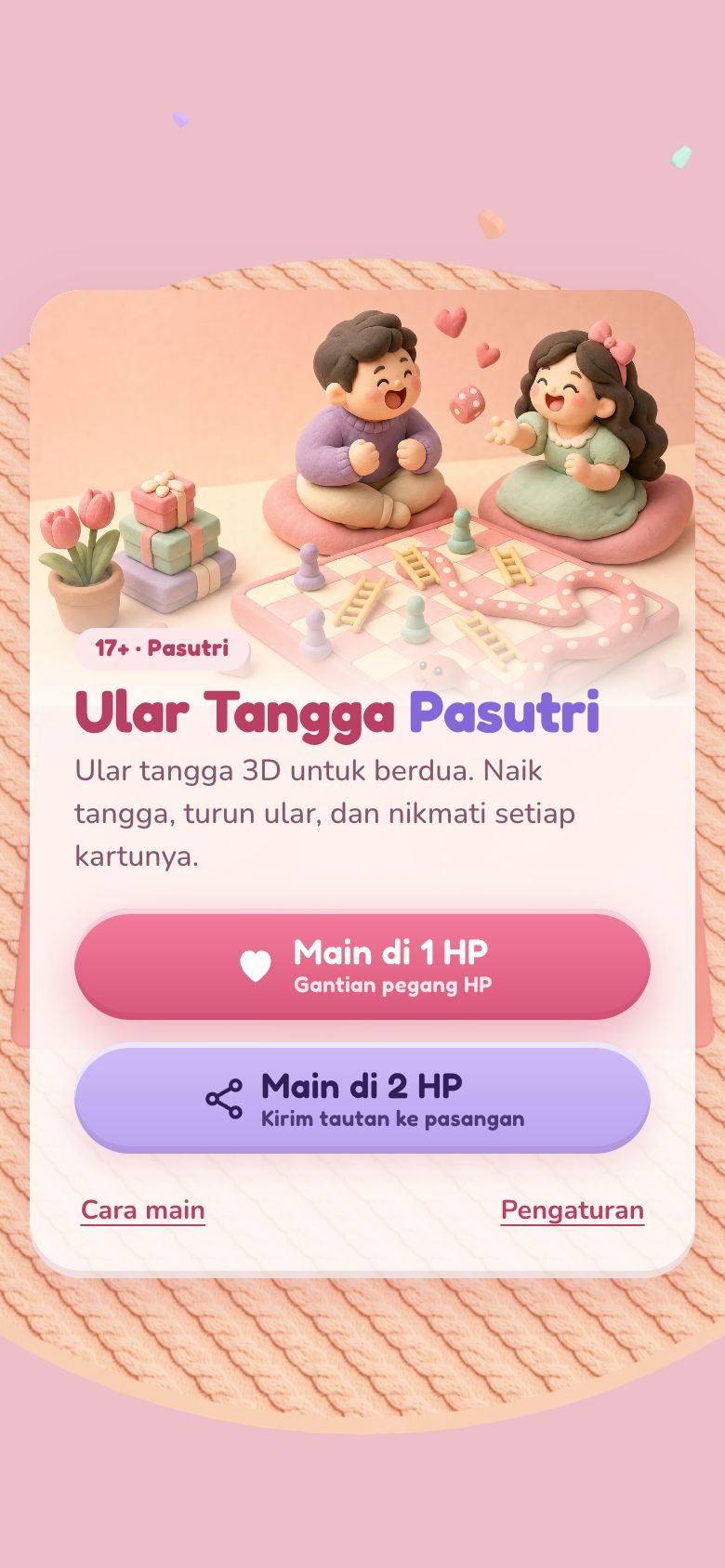 Layar beranda Ular Tangga Pasutri dengan pilihan Main di 1 HP dan Main di 2 HP