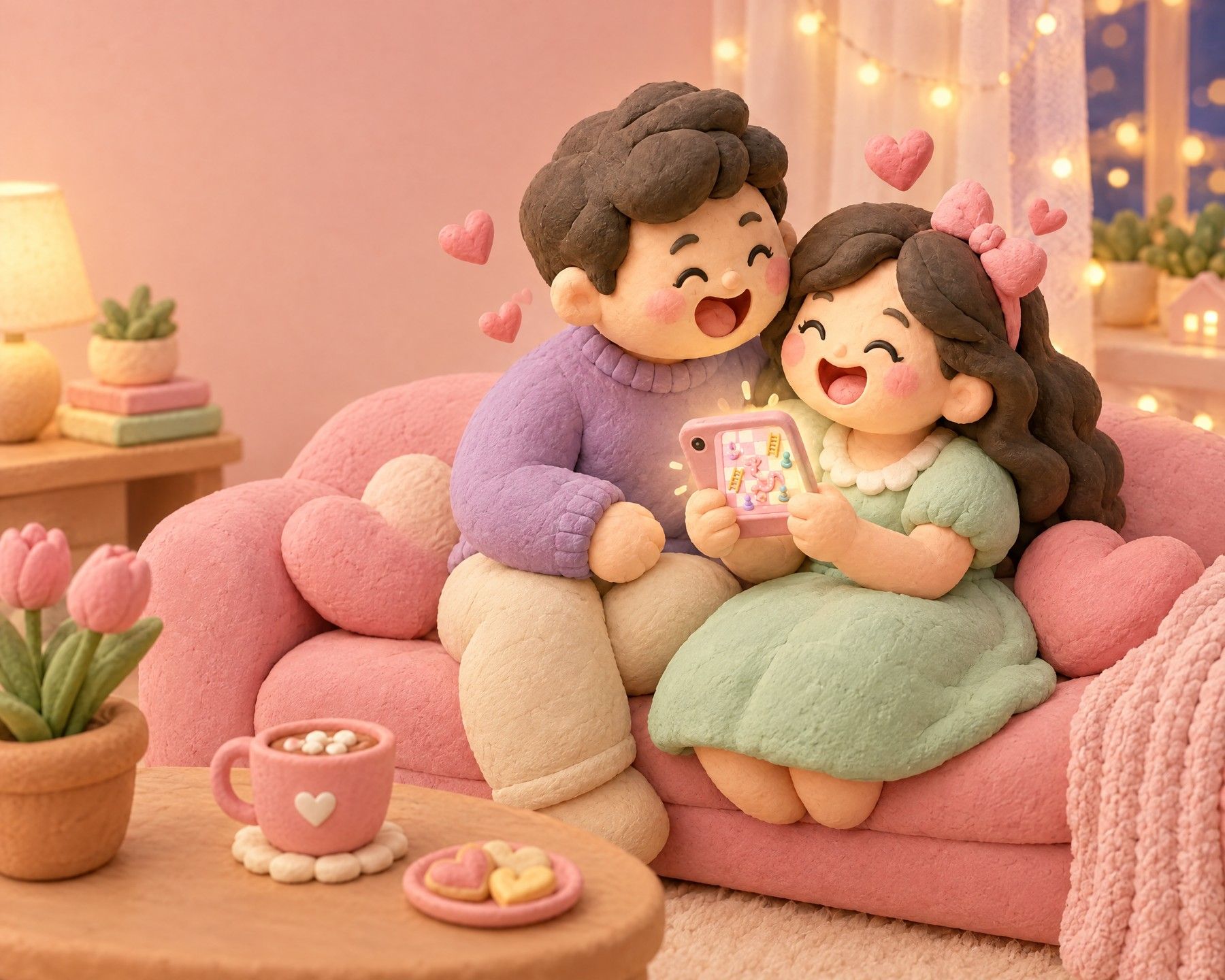 Ilustrasi tanah liat pasangan suami istri tertawa di sofa sambil bermain Ular Tangga Pasutri di satu HP