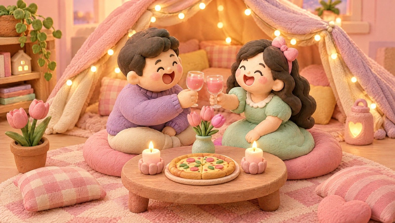 Pasangan tanah liat bersulang di meja bundar dengan lilin, pizza, dan tenda selimut berlampu di ruang tamu