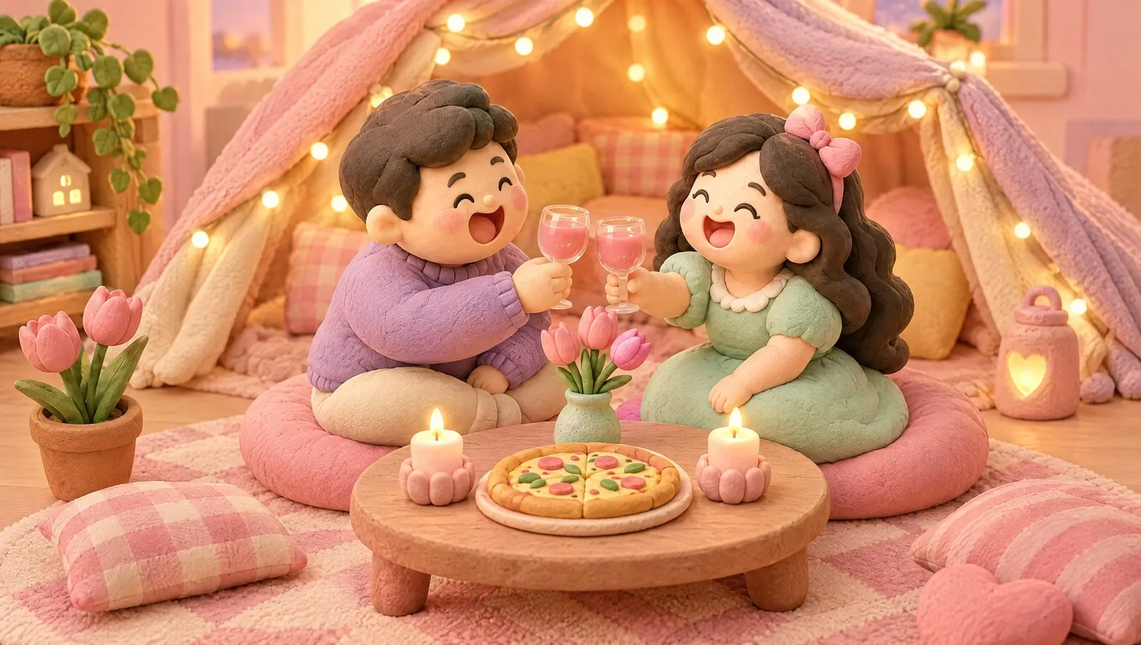 Pasangan tanah liat bersulang di meja bundar dengan lilin, pizza, dan tenda selimut berlampu di ruang tamu