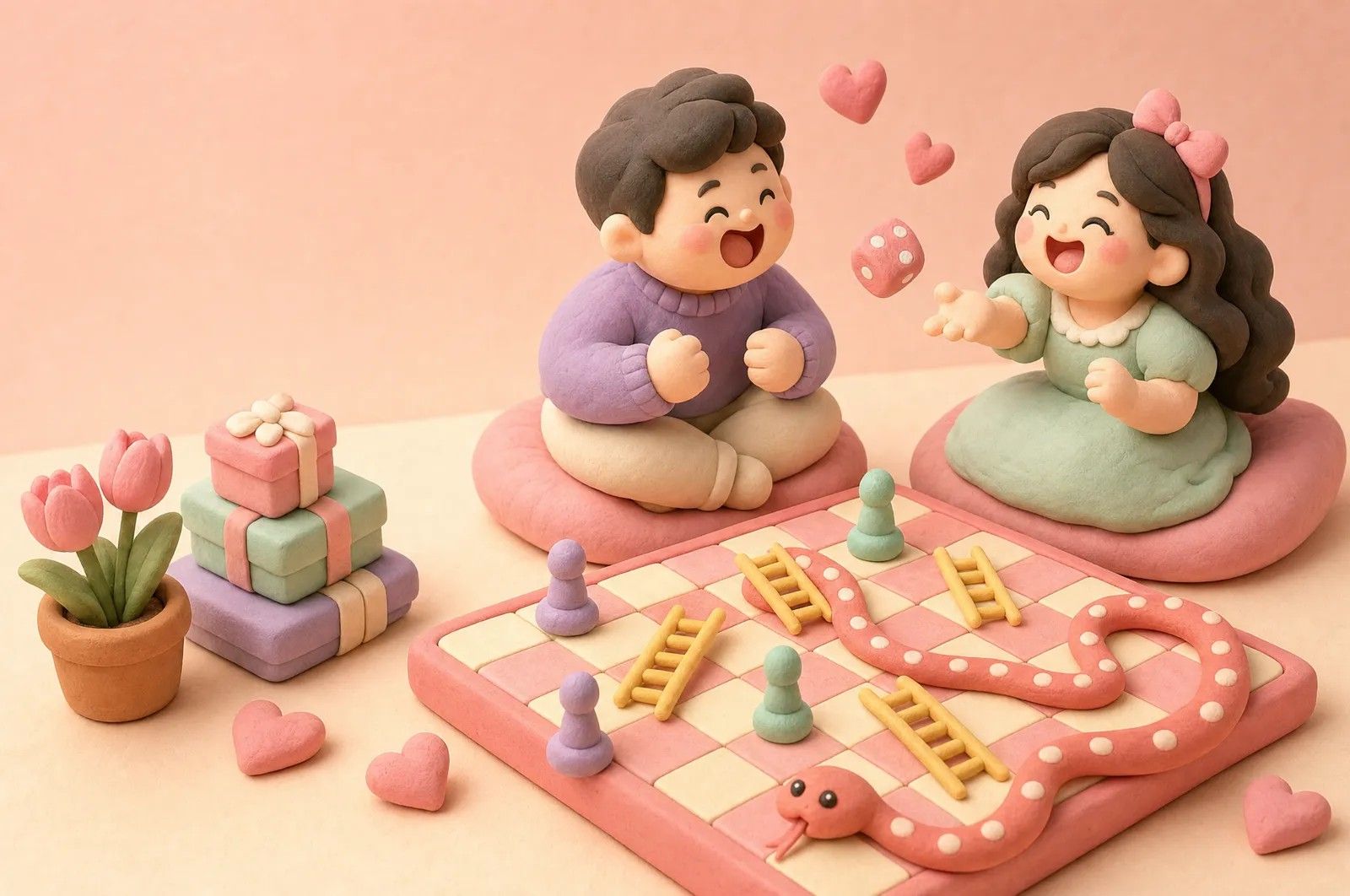 Key art Ular Tangga Pasutri: pasangan suami istri tanah liat tertawa di depan papan ular tangga pastel