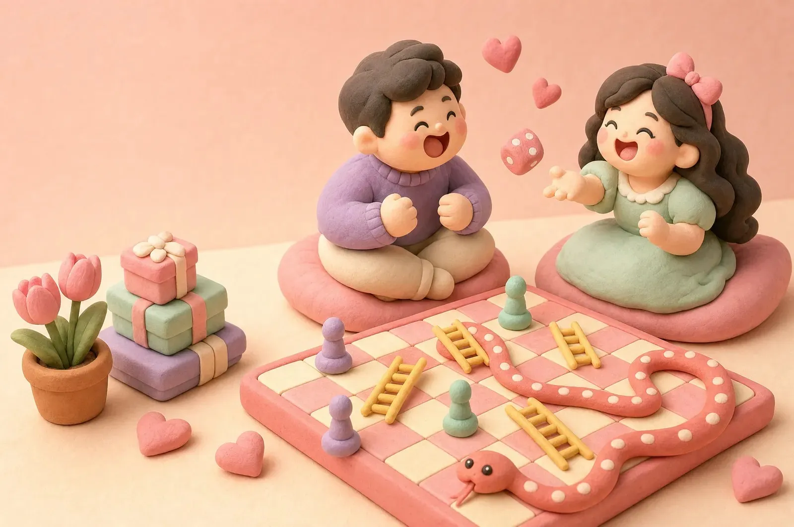 Key art Ular Tangga Pasutri: pasangan tanah liat bermain ular tangga pastel