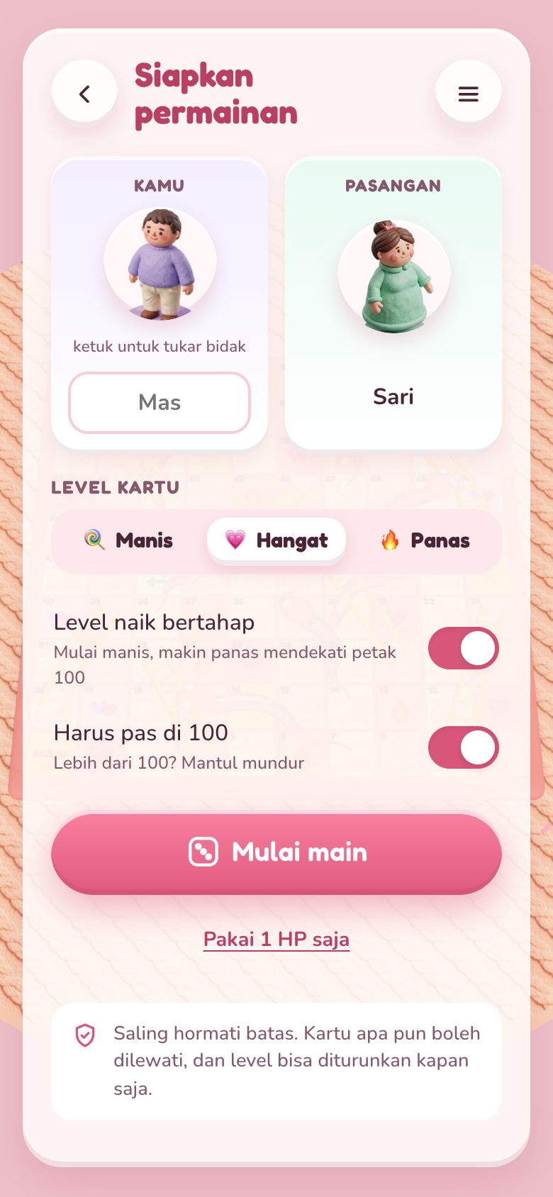 Layar lobi dengan dua bidak, nama pemain, dan pilihan level Manis, Hangat, Panas
