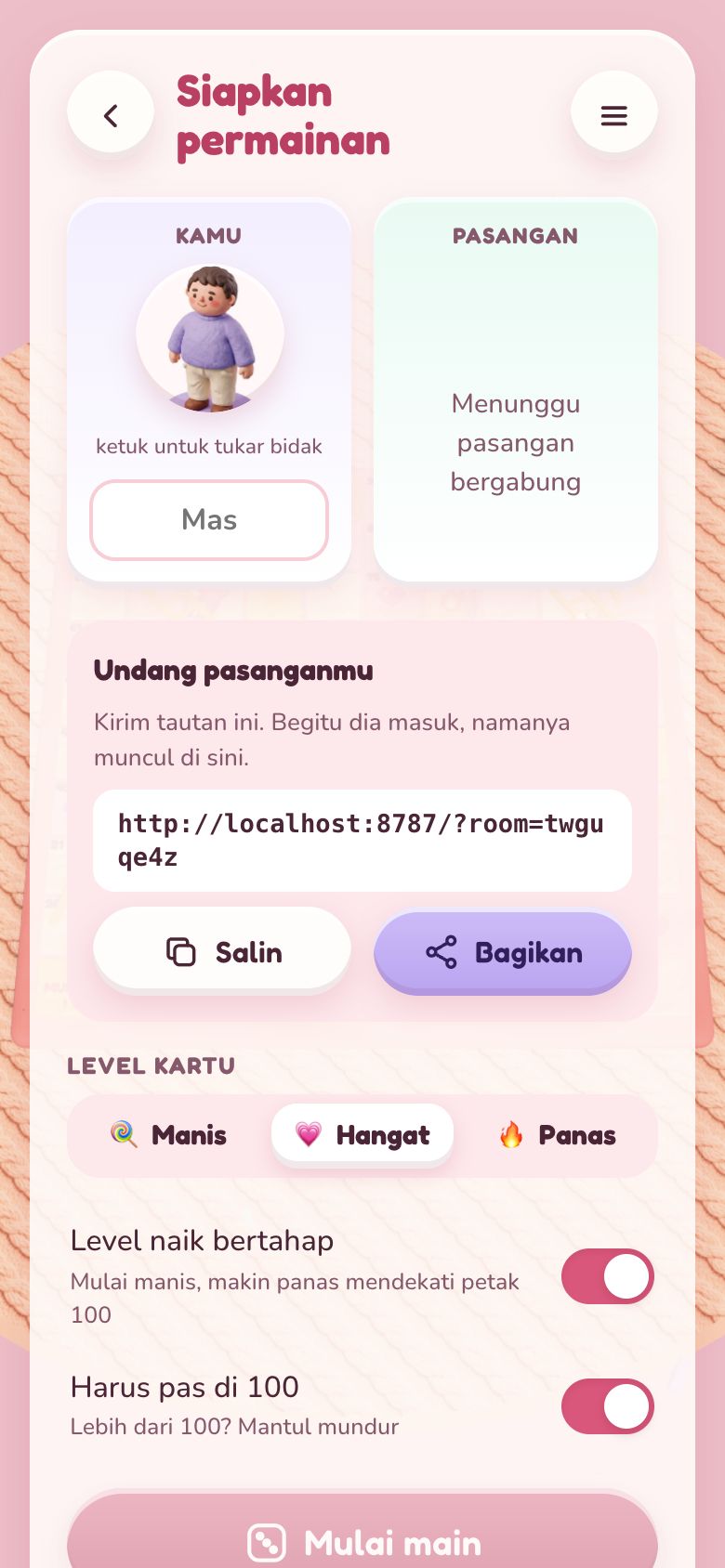 Layar lobi mode 2 HP dengan tautan undangan dan tombol Salin serta Bagikan